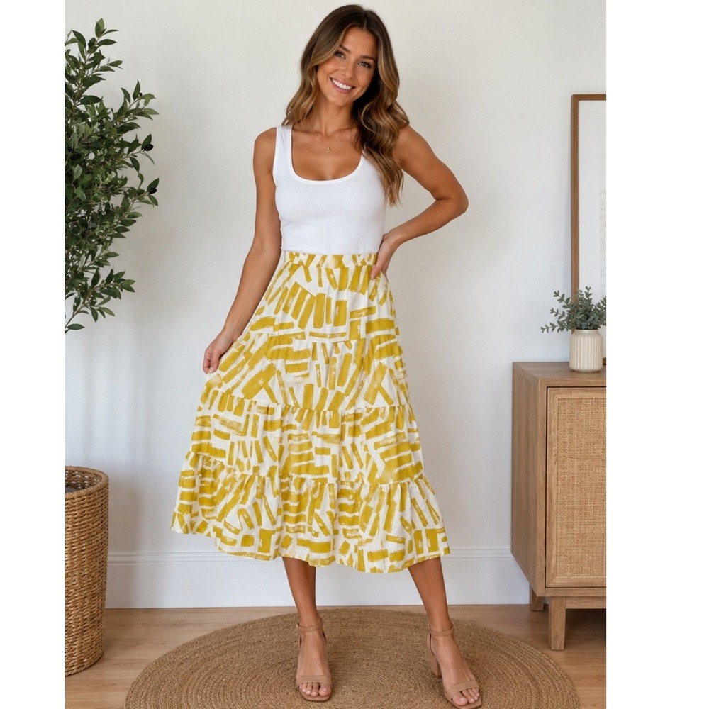 House of Harlow 1960 Yellow White Abstract Print Linen Blend Tiered Maxi Skirt L